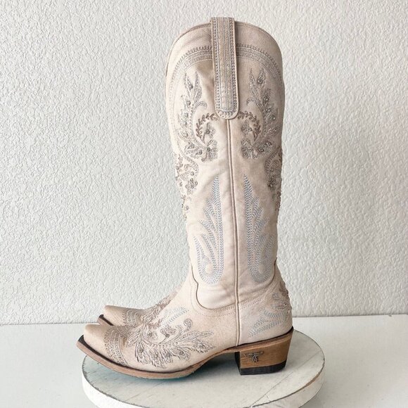 Lane Santorini White Cowboy Boots Womens 6.5 Western Wedding Snip Toe Tall Bling - Picture 2 of 12